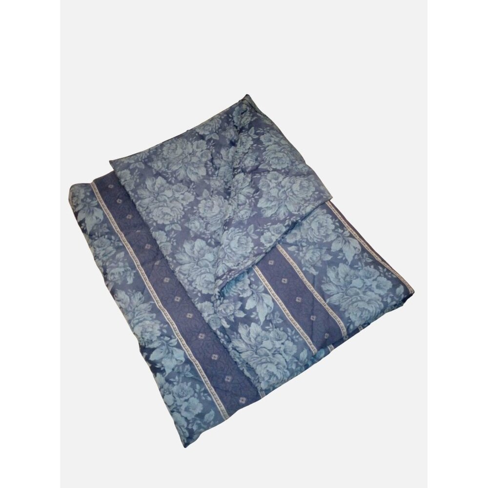 Vintage Cottagecore Floral & Striped Blue Comforter Blanket Grannycore